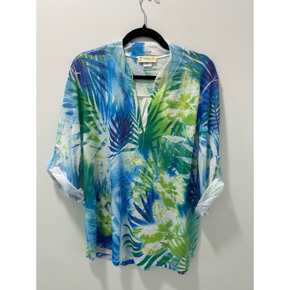 Impulse California Womens Large Blue Green Tropical Floral Sequin Roll Tab Top